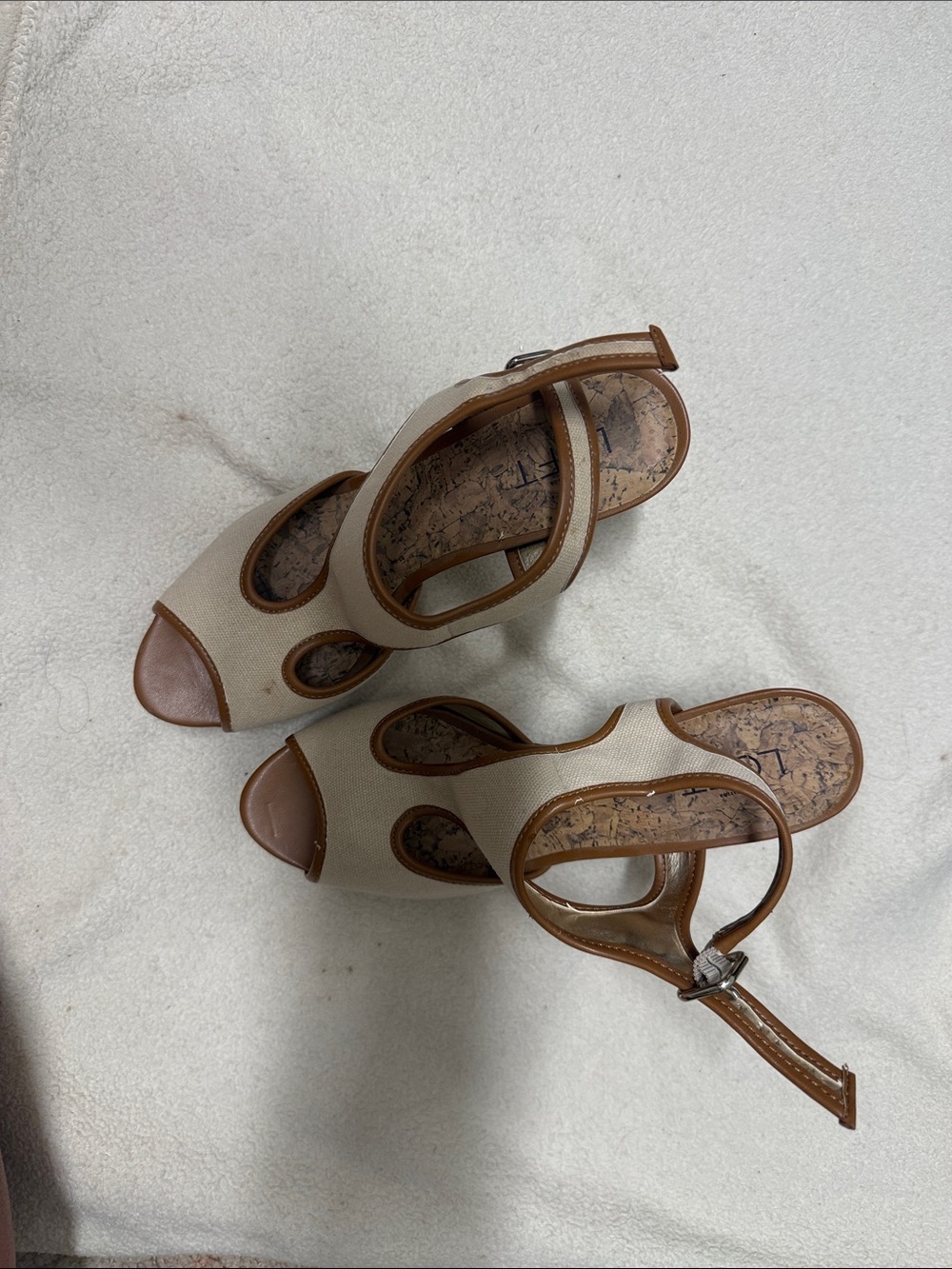LOFT Beige and Brown Cutout Slingback Wedge Sandals